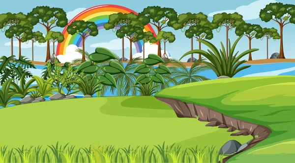 Escena Bosque Natural Con Arco Iris Cielo Ilustración — Vector de stock