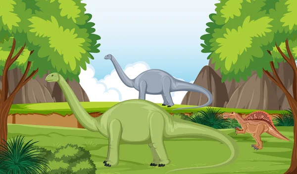 Escena Con Dinosaurios Ilustración Del Bosque — Archivo Imágenes Vectoriales