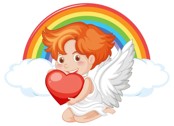 Ángel Niño Sosteniendo Corazón Rojo Fondo Del Arco Iris Ilustración — Archivo Imágenes Vectoriales