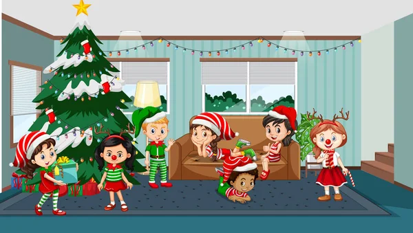 Niños Celebrando Navidad Casa Ilustración — Vector de stock