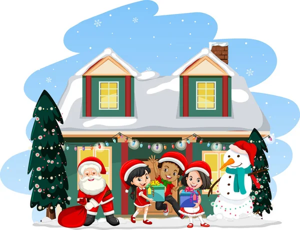 Santa Claus Children Standing Front House Illustration — Stock Vector