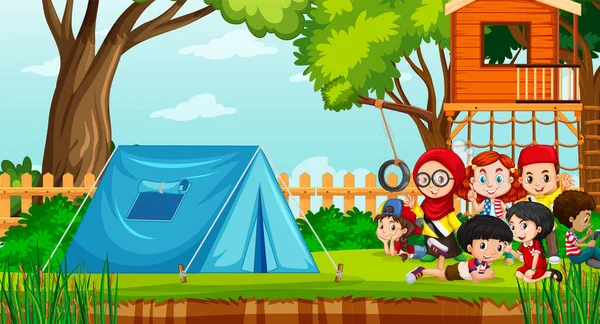 Scena Dziećmi Camping Parku Ilustracja — Wektor stockowy