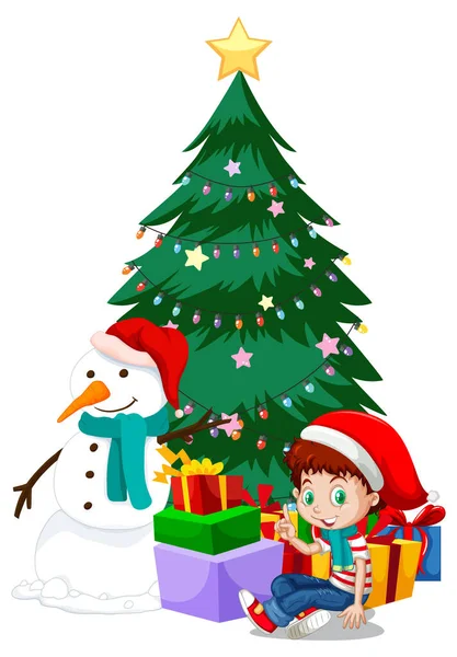 Niño Con Árbol Navidad Muñeco Nieve Ilustración — Vector de stock