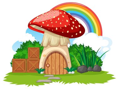 Gökyüzünde gökkuşağı olan fantezi mantar evi
