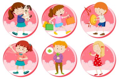 Küçük kız ve erkek çocukları beyaz arkaplan illüstrasyonunda faaliyet gösteriyor.