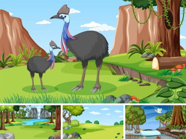 Orman illüstrasyonunda vahşi hayvanların olduğu sahneler