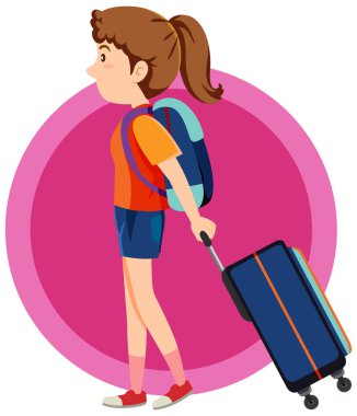 Pembe arkaplan çiziminde bavulu çeken kız