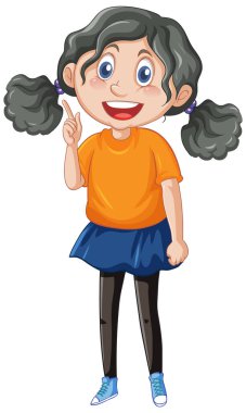 Beyaz arkaplanda çizgi film karakteri gibi duran tatlı bir kız.