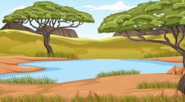 Göl illüstrasyonlu Savanna orman manzarası