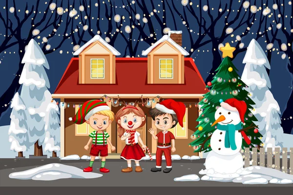 Outdoor Scene Children Celebrating Christmas Illustration — Stock Vector