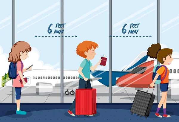 Αεροδρόμιο Σκηνή Τερματικό Τους Επιβάτες Κρατώντας Κοινωνική Απεικόνιση Αποστάσεων — Διανυσματικό Αρχείο