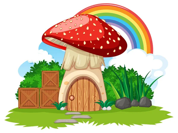 Fantaisie Maison Champignons Avec Arc Ciel Dans Ciel Illustration — Image vectorielle