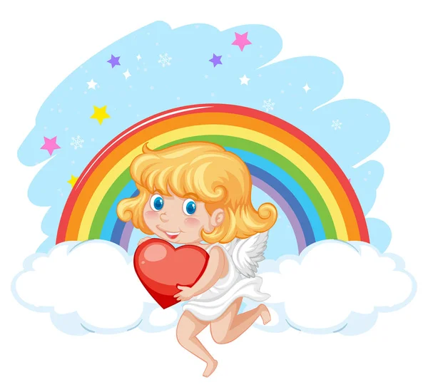 彩虹背景图上的红心天使女孩 — 图库矢量图片