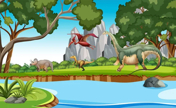 Dinosaur Prehistoric Forest Scene Illustration — Stock Vector