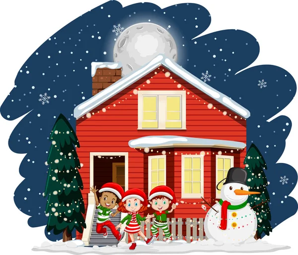 Bambini Che Festeggiano Natale Davanti Una Casa Notte Illustrazione Scena — Vettoriale Stock
