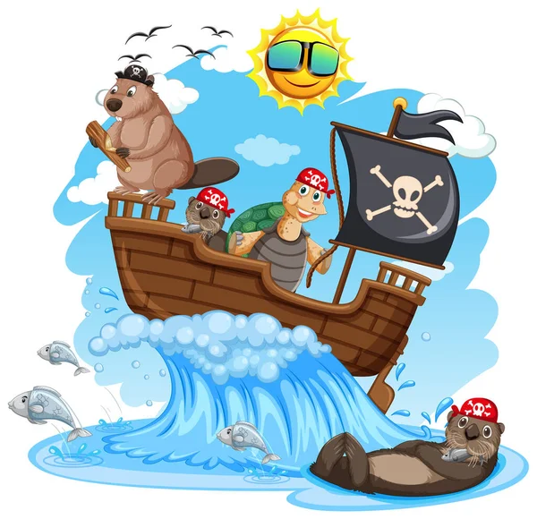 海盗船上的海狸和海龟用海浪图解 — 图库矢量图片