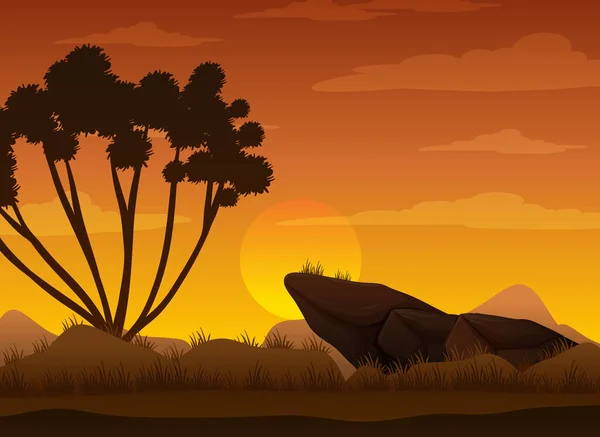 Silhouette Savannenwald Bei Sonnenuntergang Illustration — Stockvektor