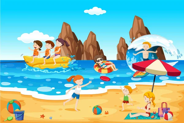 Scena Con Persone Sulla Spiaggia Illustrazione — Vettoriale Stock