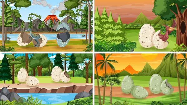 Fyra Scener Med Dinosaurie Ägg Marken Illustration — Stock vektor