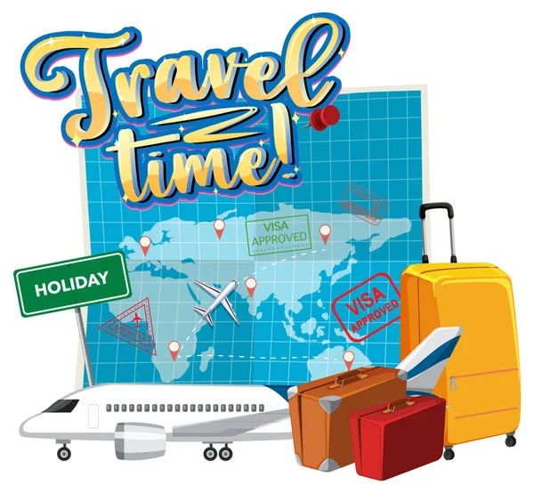 Logo Tipografía Travel Time Con Ilustración Objetos Itinerantes — Vector de stock