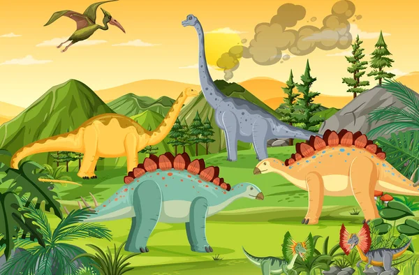 Dinosaurus Prehistorische Bos Scène Illustratie — Stockvector