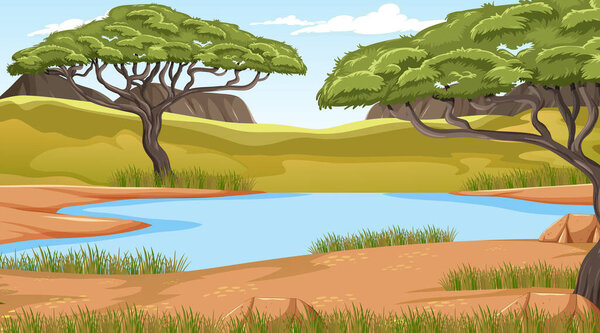 Savanna forest landscape with lake illustration