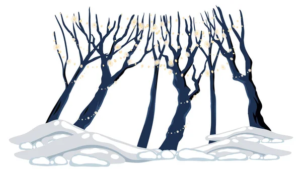 Group Leafless Trees Holiday Lights Snow Ground Illustration — Stock Vector