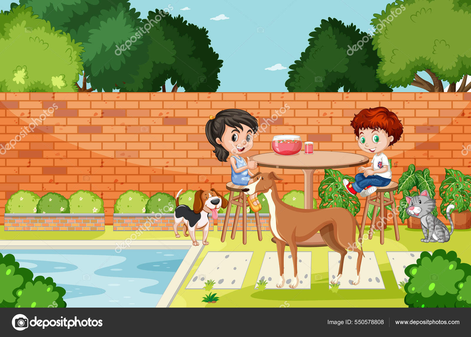 Escena Del Patio Trasero Con Ilustración Niños Valla vector, gráfico