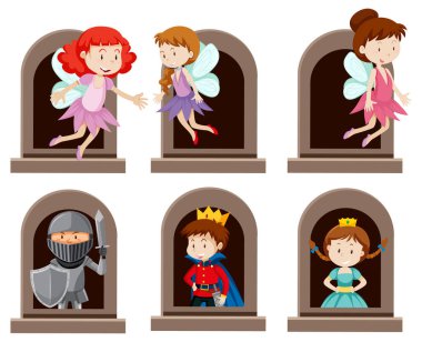 Beyaz arkaplan illüstrasyonunda pencerenin yanında bir Fantezi karakter kümesi