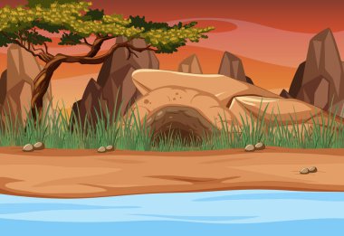 Nehir ve mağara resimleriyle Savanna Ormanı