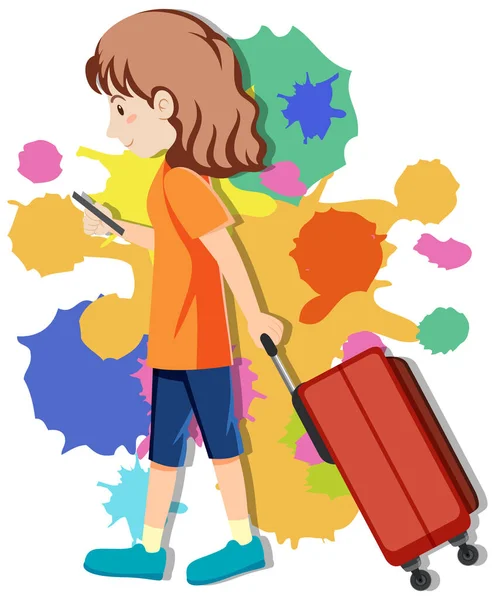 Fille Heureuse Tirant Des Bagages Sur Fond Coloré Illustration — Image vectorielle