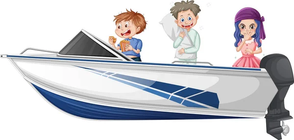 Niño Niña Pie Barco Toda Velocidad Sobre Fondo Blanco Ilustración — Vector de stock