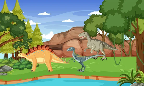 Dinosaurio Escena Prehistórica Del Bosque Ilustración — Archivo Imágenes Vectoriales