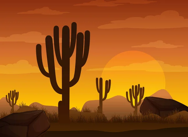 Silhouette Wüstenwald Bei Sonnenuntergang Illustration — Stockvektor