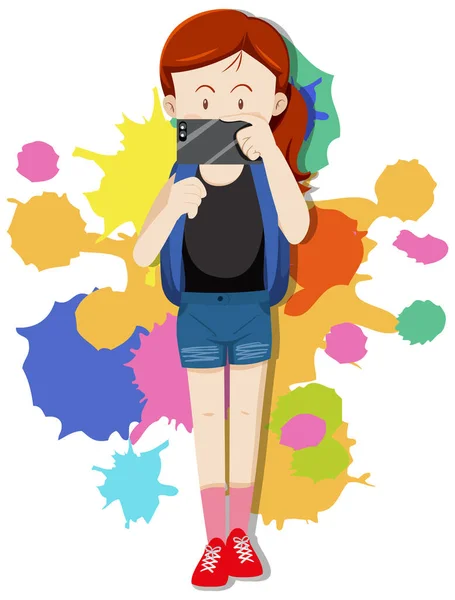 Chica Tomando Foto Con Ilustración Teléfono — Vector de stock