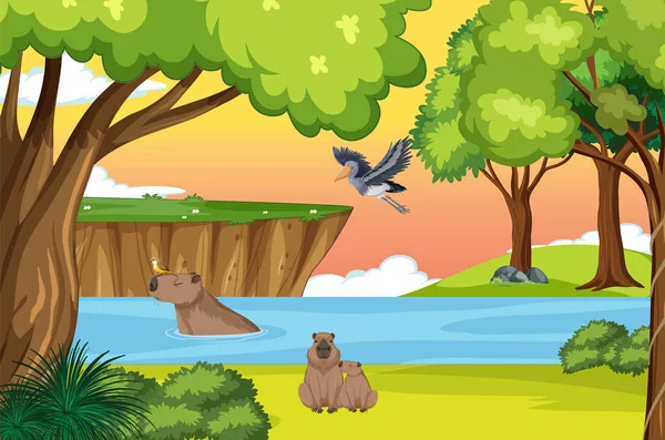 Scena Wombatami Ptakiem Nad Jeziorem Ilustracja — Wektor stockowy
