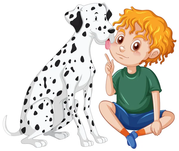 Een Gelukkige Jongen Zittend Vloer Huisdieren Hond Illustratie — Stockvector