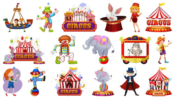 Conjunto Personajes Circo Elementos Del Parque Atracciones Ilustración — Vector de stock