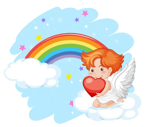 Ángel Niño Sosteniendo Corazón Sentado Nube Con Ilustración Arco Iris — Archivo Imágenes Vectoriales