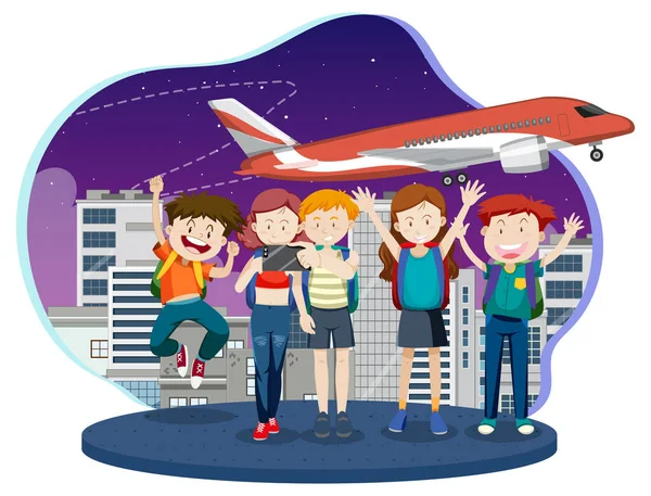 Luchthaven Terminal Met Toeristen Vliegtuigbemanningen Illustratie — Stockvector
