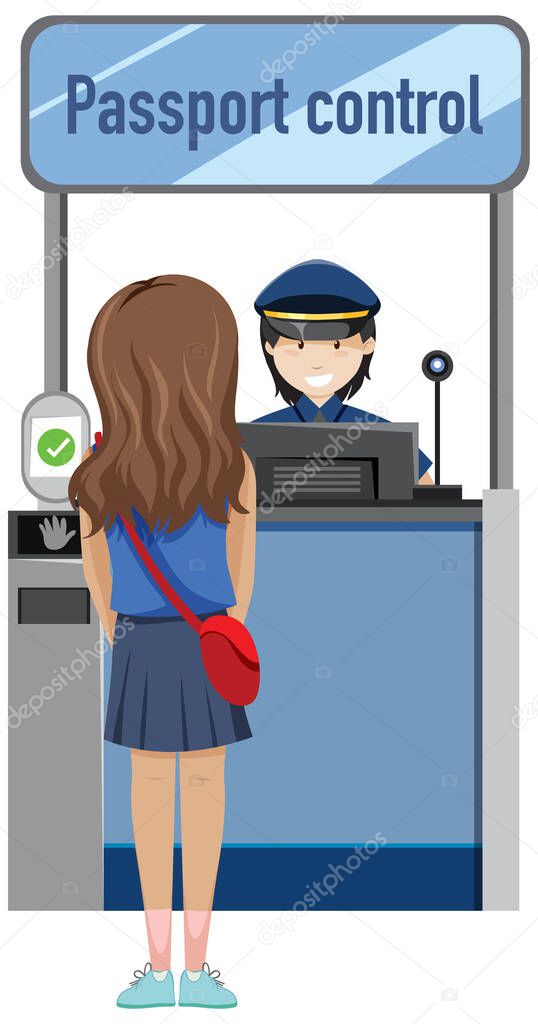 Passport control counter with security officer illustration
