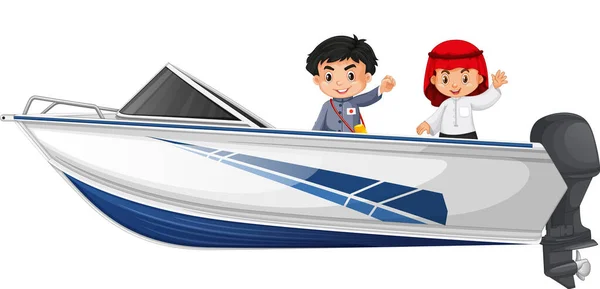 男孩和女孩站在一艘白色背景图上的快艇上 — 图库矢量图片