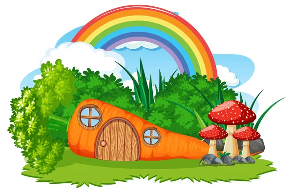 Fantasie Wortel Huis Met Regenboog Lucht Illustratie — Stockvector