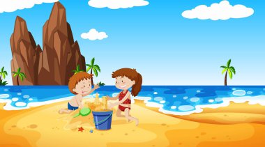 Sahne, plaj illüstrasyonundaki insanlarla dolu