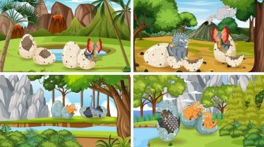 Orman illüstrasyonunda dinozorların oynadığı sahne