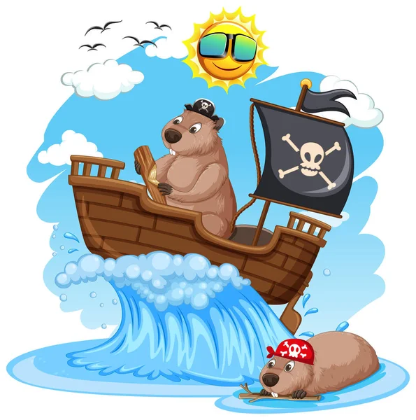 Castors Sur Bateau Pirate Avec Illustration Vagues Océaniques — Image vectorielle