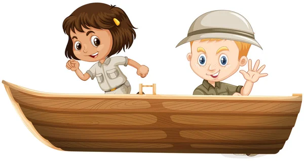 Niño Niña Traje Safari Sentado Barco Sobre Fondo Blanco Ilustración — Archivo Imágenes Vectoriales