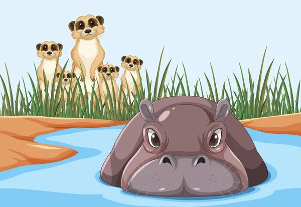 Cena Florestal Com Hipopótamo Ilustração Água —  Vetores de Stock