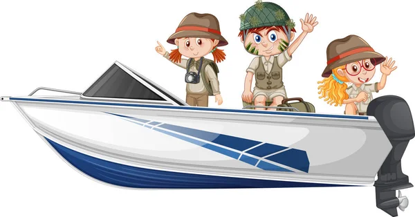 Niño Niña Traje Safari Sentado Barco Sobre Fondo Blanco Ilustración — Vector de stock