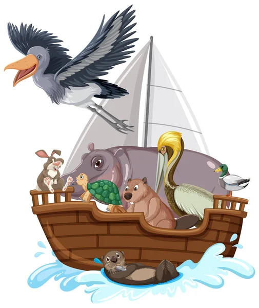 Many Animals Boat Illustration — Stock Vector